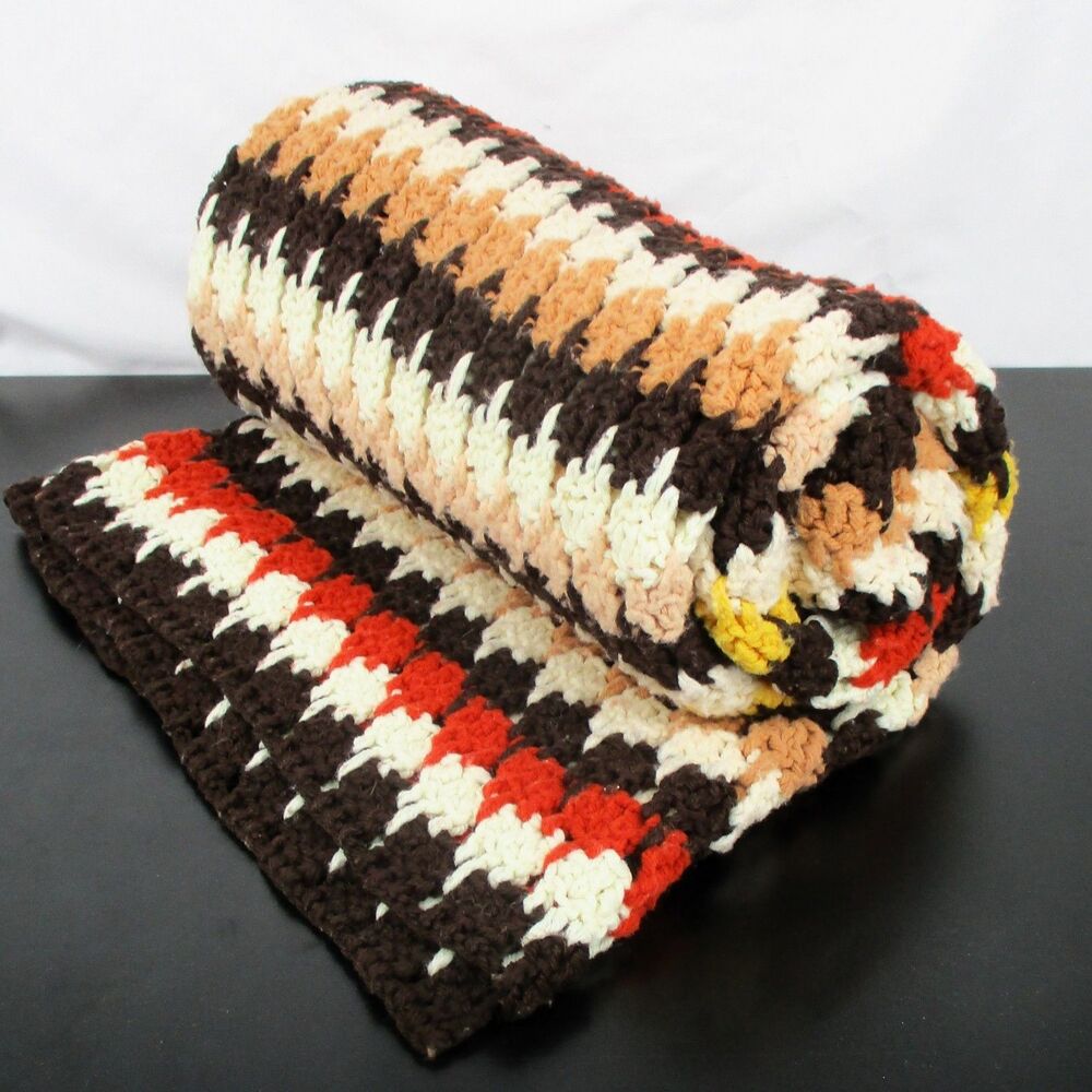 VTG Crochet Knit Afghan Grandpa Lap Blanket Brown Rust Tan Cabin 48x46
